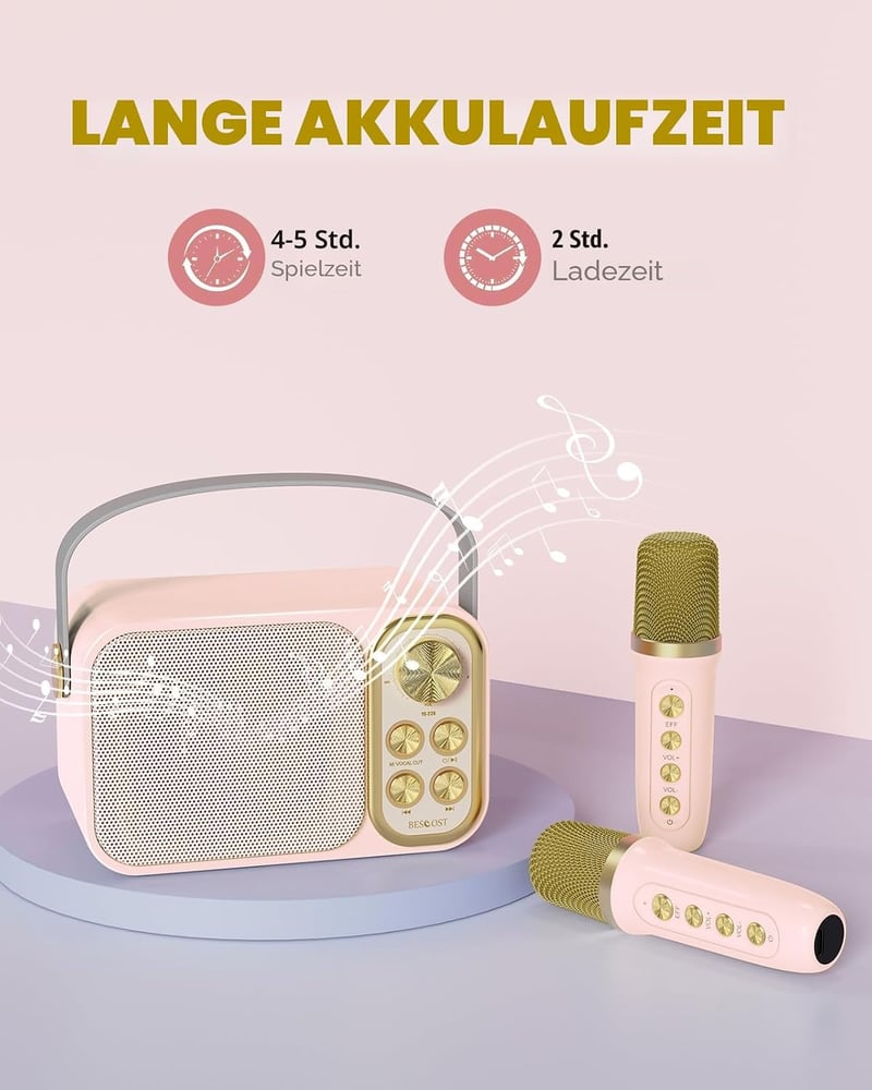 BESCOST Karaoke Gép 2 Mikrofonnal, Bluetooth Karaoke Rendszer 7 Hangeffektussal