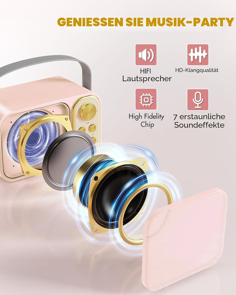 BESCOST Karaoke Gép 2 Mikrofonnal, Bluetooth Karaoke Rendszer 7 Hangeffektussal