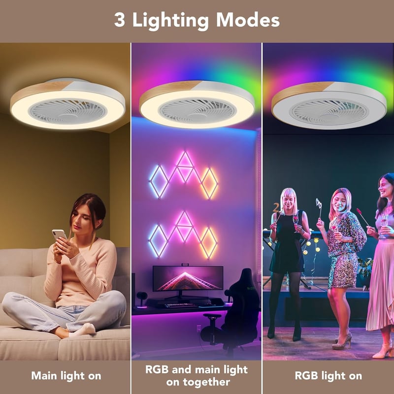 BESCOST RGB LED Mennyezeti Lámpa Ventilátorral - 3 Színhőmérséklet, 6 Sebességfokozat, 4500lm, Távirányítós, Időzíthető, Fehér-Fa Színű