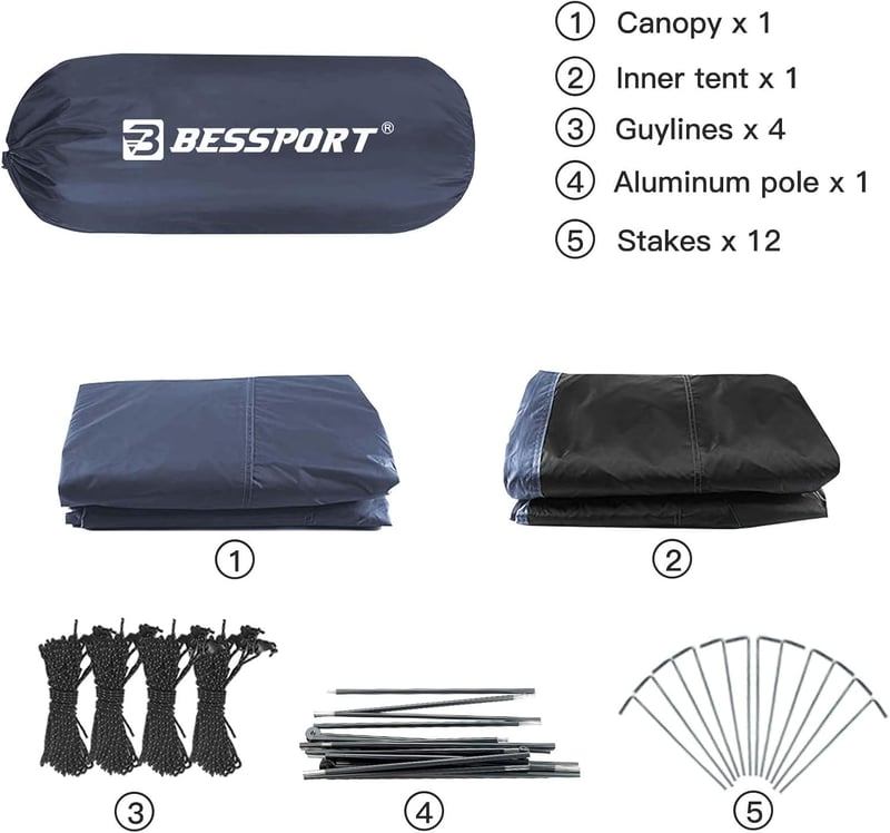 Bessport 2-3 személyes camping sátor 2 ajtóval, ultralight, vízálló, szellőztetett, 4 évszakos kupola sátor
