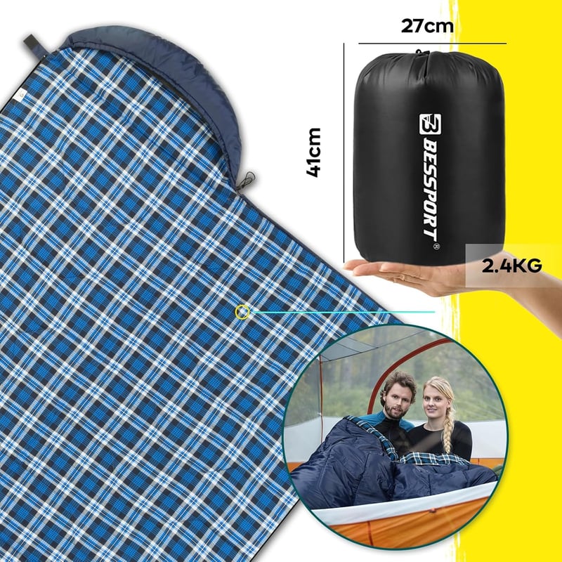 Bessport Hálózsák Kempingezéshez - 3-4 Évszakos, -8°C-ig, Vízálló, Flanelbéléses, Könnyű Túrazsák Felnőtteknek, 210x80cm, Sötétkék