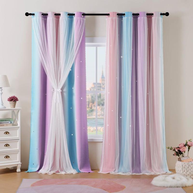 Best Baisite zatemňovací záves do detskej izby, 2 ks, dvojvrstvový s hviezdičkami, pre dievčatá, ružovo-modro-fialový, 132x175 cm