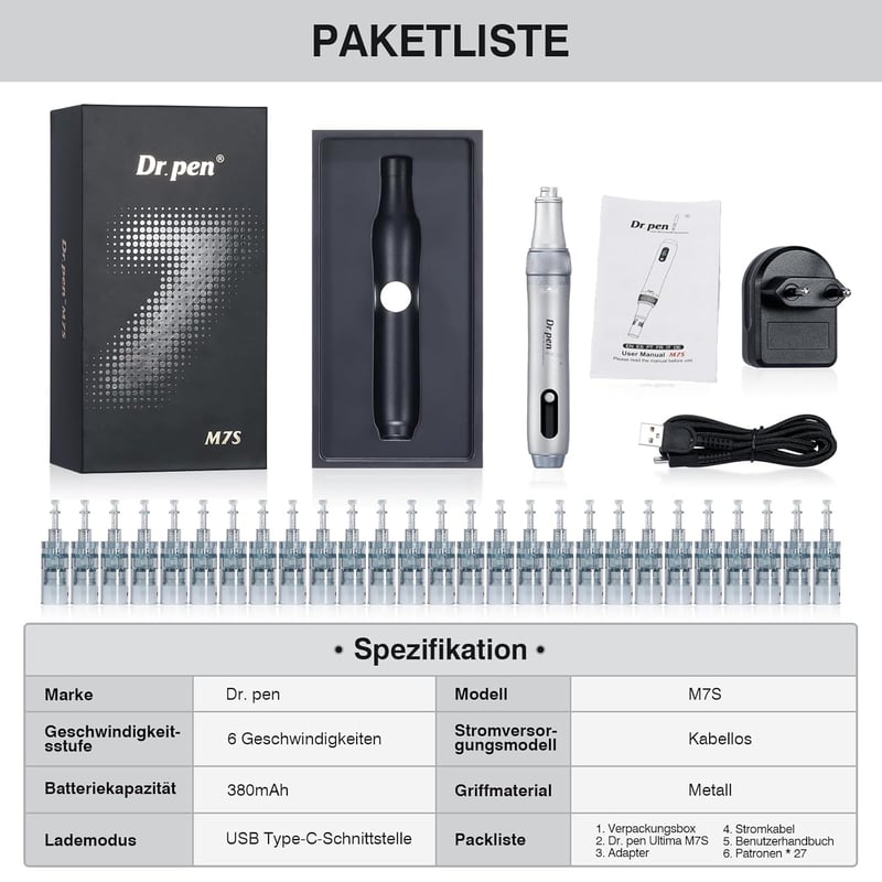 Bestauty Dr. pen Ultima M7S Vezeték Nélküli Mikrotűs Bőrfiatalító Toll - 2025 Legújabb Modell Ráncok Ellen 27 Cserélhető Fejjel (Ezüst)