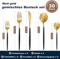 Bestdin 30 részes evőeszköz készlet 6 személyre, matt fekete-arany rozsdamentes acél 2