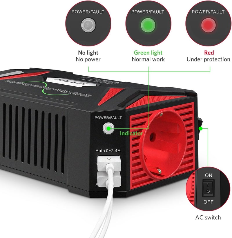 BESTEK 300W Inverter 12V 230V TÜV Autós Áramátalakító USB Portokkal