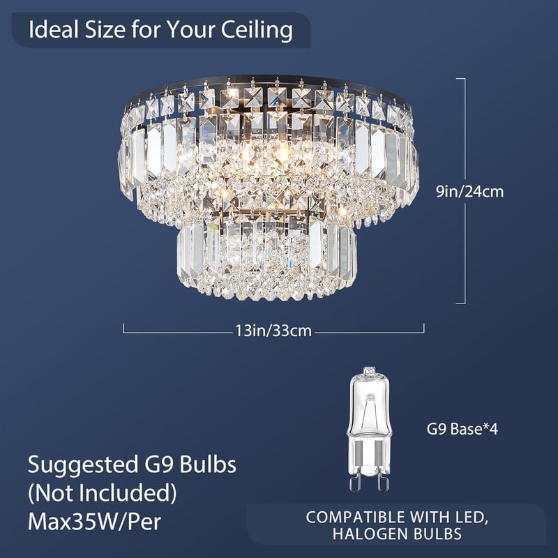 BESTIER Modern Fekete Kristály Mennyezeti Lámpa - 33 cm LED Csillár Étkezőbe, Nappaliba, Hálószobába, 4 G9 Izzós