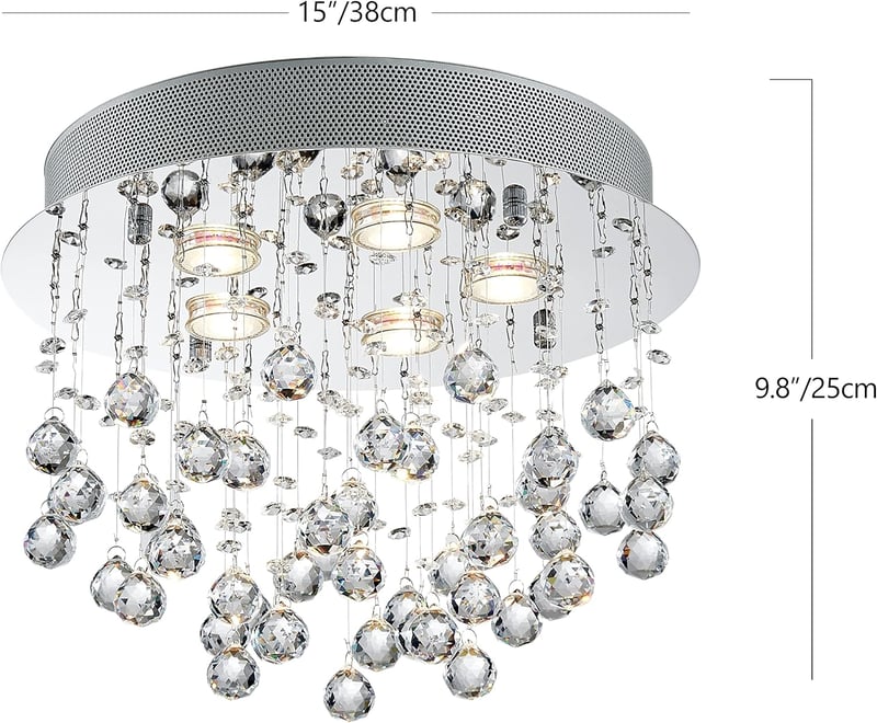 BESTIER Modern Kristály Esőcsepp Csillár - Mennyezeti LED Lámpa 6 G9 Izzóval, Króm, 38 cm, Szabályozható Fényerő, Étkezőbe, Fürdőbe