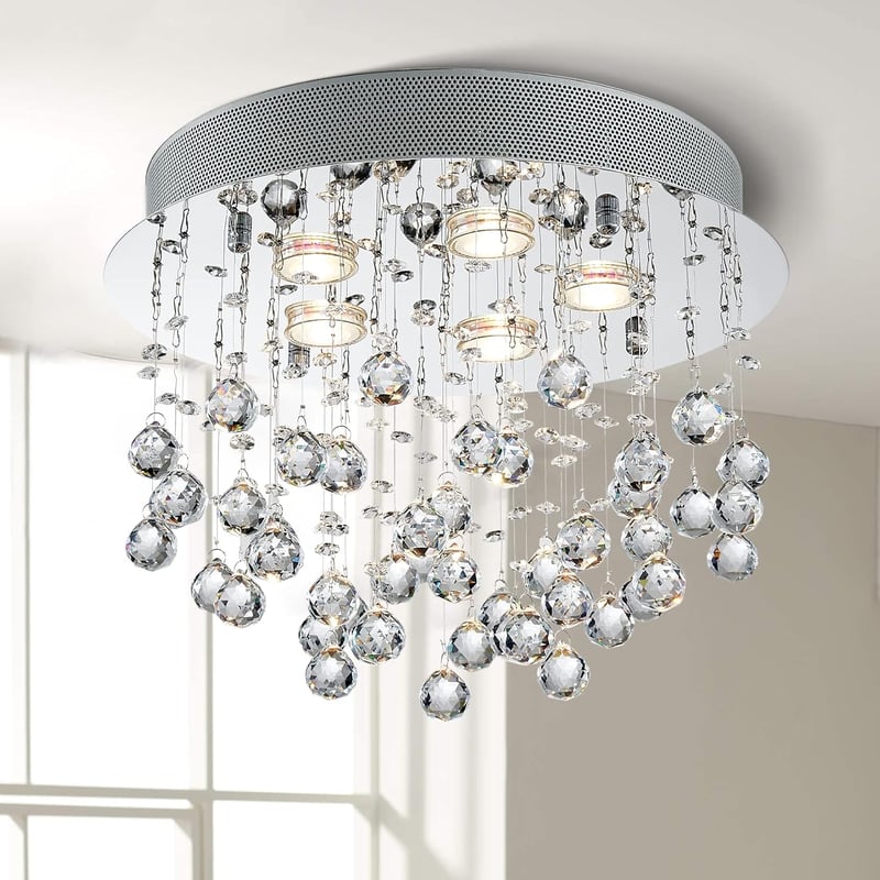 BESTIER Modern Kristály Esőcsepp Csillár - Mennyezeti LED Lámpa 6 G9 Izzóval, Króm, 38 cm, Szabályozható Fényerő, Étkezőbe, Fürdőbe