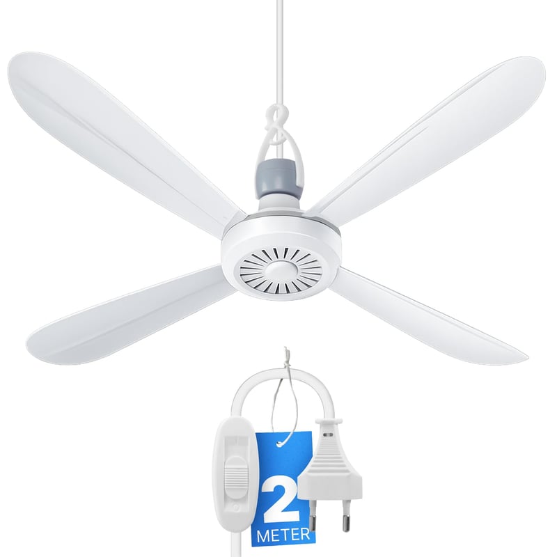 Ventilator de tavan portabil Bestlivings cu ștecher și întrerupător, 220-240V / 5W, Ø40 cm, alb, ventilator de tavan economic cu agățătoare