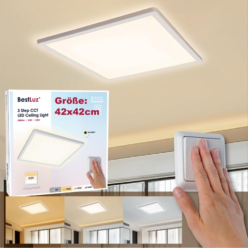 BestLuz LED mennyezeti panel 42x42 cm 24W 2800 lm CCT 3000K/4000K/6500K IP44 — repedt lámpakeret saroknál (állapot: lásd a 2. képet)
