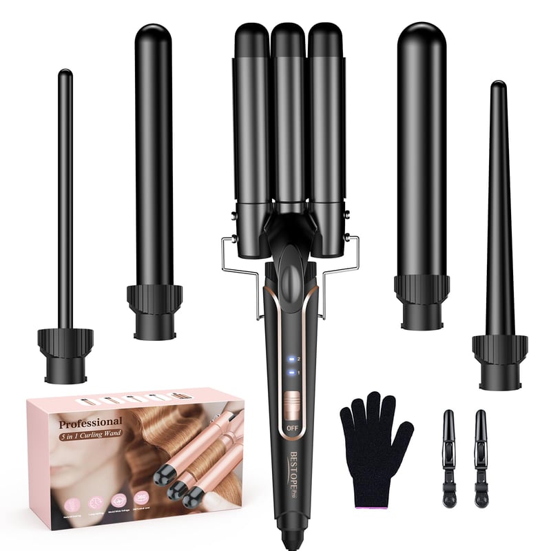 Set Ondulator de Păr BESTOPE PRO cu 3 Cilindri 5 în 1 - Pentru Valuri Mari, Temperatură Reglabilă, Încălzire Rapidă, cu Mănușă și 2 Cleme, Negru