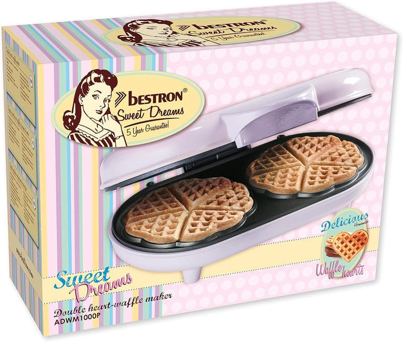 Bestron Dupla Gofrisütő Szív Alakú Wafflekhez, Tapadásmentes Bevonattal, 1000W, Rózsaszín