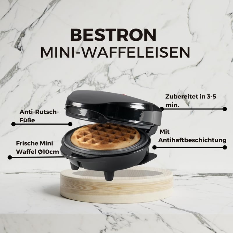 Bestron Mini Gofrisütő Antilengő Bevonattal, 550W, Fekete