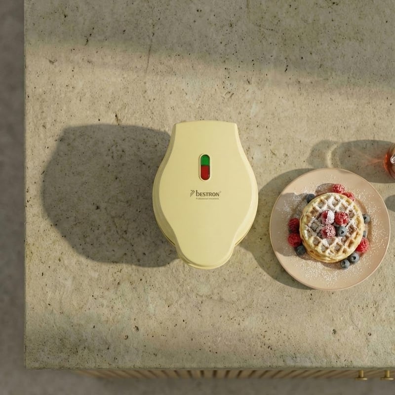 Bestron Mini Gofrisütő Retro Sárga 550W Antilengő Bevonattal
