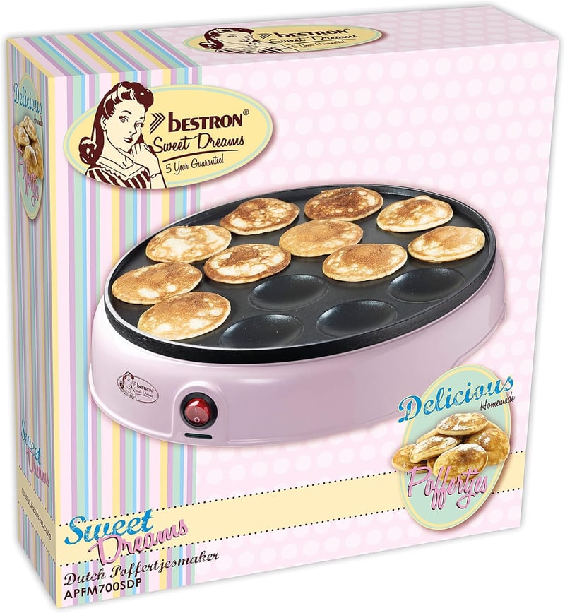 Bestron Poffertjes Retro Mini Gofrisütő Tapadásmentes Bevonattal 800W Rózsaszín