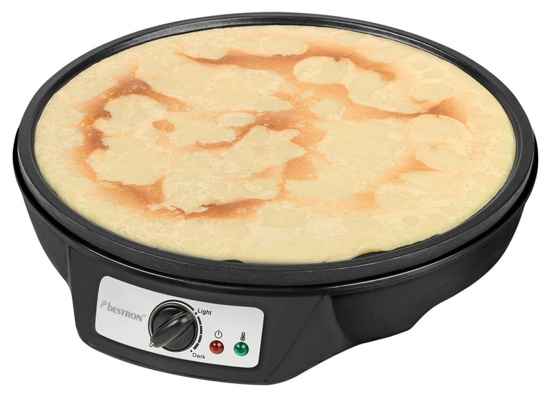 Aparat de făcut clătite Bestron Retro cu diametrul de 30 cm, strat antiaderent, distribuitor de aluat și spatulă, 1000 W, negru