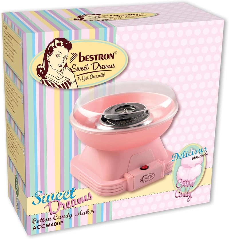 Bestron Retro Vattacukor Készülék Otthonhoz, 10 Pálcikával és Mérőkanállal, Gyerekzsúrhoz, Rózsaszín