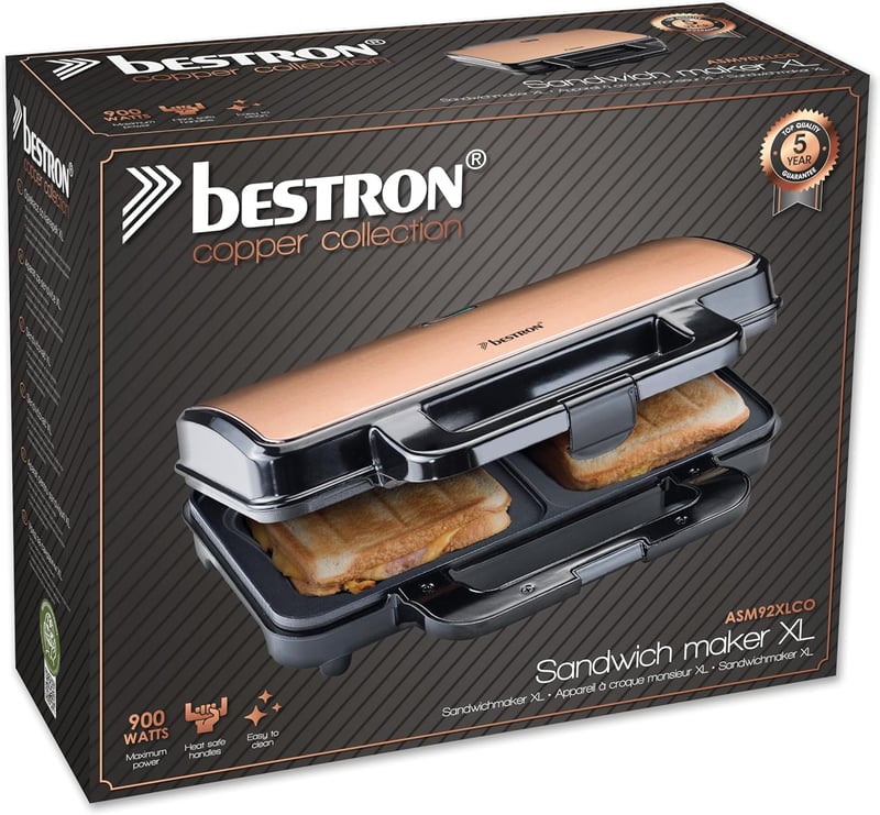 Bestron XL szendvicssütő 2 szendvicshez, automata hőmérséklet-szabályozás, fekete