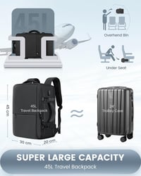 Besttravel Kézipoggyász Hátizsák 40x20x25 Ryanair Méret, 45L Utazó Táska USB Töltőporttal, Laptop Rekesz 15.6", Fekete 2