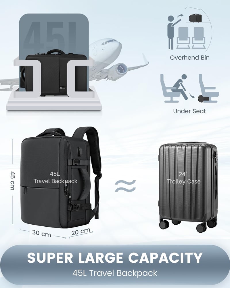 Besttravel Kézipoggyász Hátizsák 40x20x25 Ryanair Méret, 45L Utazó Táska USB Töltőporttal, Laptop Rekesz 15.6", Fekete