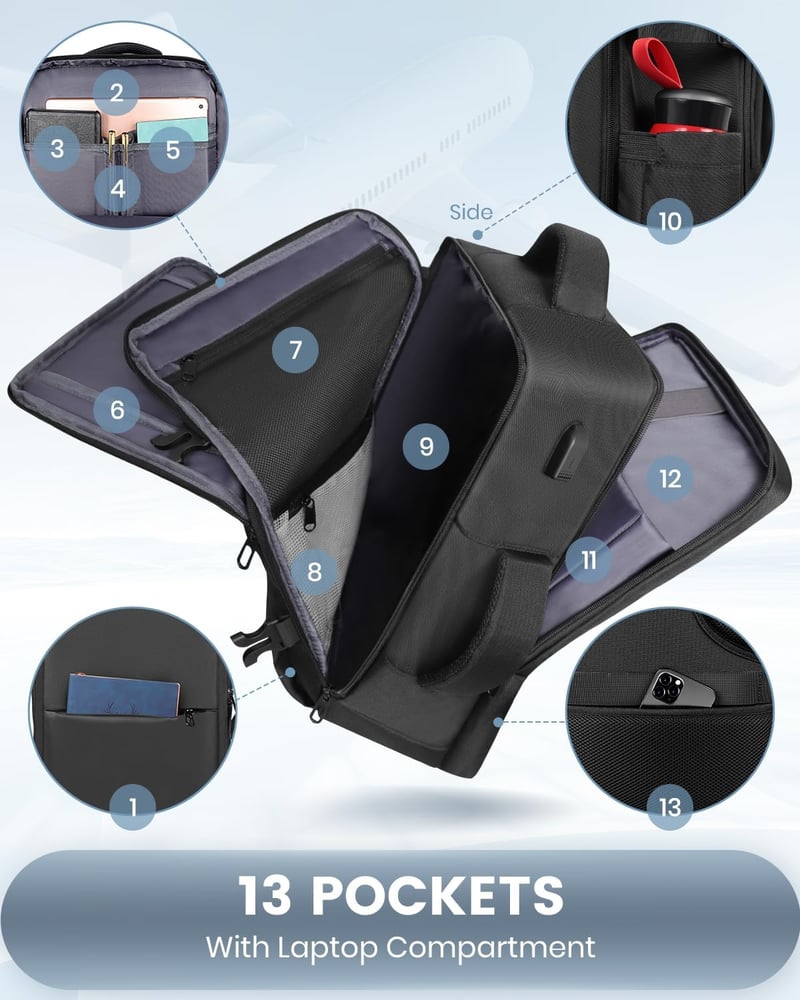Besttravel Kézipoggyász Hátizsák 40x20x25 Ryanair Méret, 45L Utazó Táska USB Töltőporttal, Laptop Rekesz 15.6", Fekete