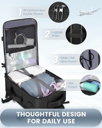 Besttravel Kézipoggyász Hátizsák 40x20x25 Ryanair Méret, 45L Utazó Táska USB Töltőporttal, Laptop Rekesz 15.6", Fekete 3