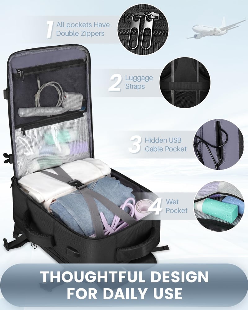 Besttravel Kézipoggyász Hátizsák 40x20x25 Ryanair Méret, 45L Utazó Táska USB Töltőporttal, Laptop Rekesz 15.6", Fekete