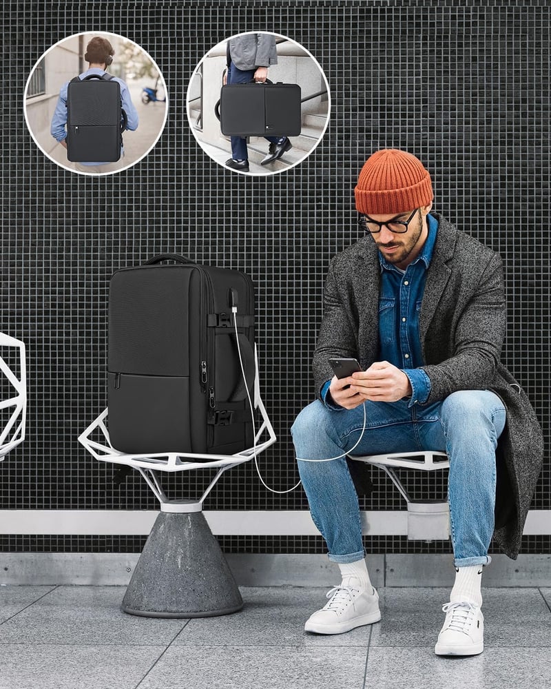 Besttravel Kézipoggyász Hátizsák 40x20x25 Ryanair Méret, 45L Utazó Táska USB Töltőporttal, Laptop Rekesz 15.6", Fekete