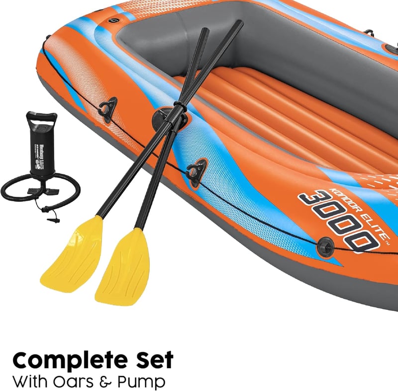 Bestway Kondor 3000 Felfújható Csónak 3 Személyes, Kormánylapáttal, Kézi/Lábpumpával, 246x122 cm, PVC Anyagból, Evezőkkel