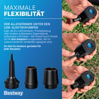 Elektrická pumpa Bestway PowerTouch Pocket USB, 90 l/min, tlak 300 mmH2O, s 3 adaptérmi na ventily, USB káblom a vreckom, 5,7 x 5 x 6,5 cm, powerbanka 7