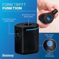 Elektrická pumpa Bestway PowerTouch Pocket USB, 90 l/min, tlak 300 mmH2O, s 3 adaptérmi na ventily, USB káblom a vreckom, 5,7 x 5 x 6,5 cm, powerbanka 6