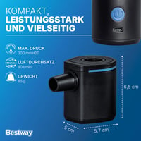 Elektrická pumpa Bestway PowerTouch Pocket USB, 90 l/min, tlak 300 mmH2O, s 3 adaptérmi na ventily, USB káblom a vreckom, 5,7 x 5 x 6,5 cm, powerbanka 5