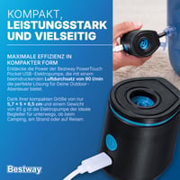 Elektrická pumpa Bestway PowerTouch Pocket USB, 90 l/min, tlak 300 mmH2O, s 3 adaptérmi na ventily, USB káblom a vreckom, 5,7 x 5 x 6,5 cm, powerbanka 4