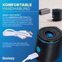 Elektrická pumpa Bestway PowerTouch Pocket USB, 90 l/min, tlak 300 mmH2O, s 3 adaptérmi na ventily, USB káblom a vreckom, 5,7 x 5 x 6,5 cm, powerbanka 8