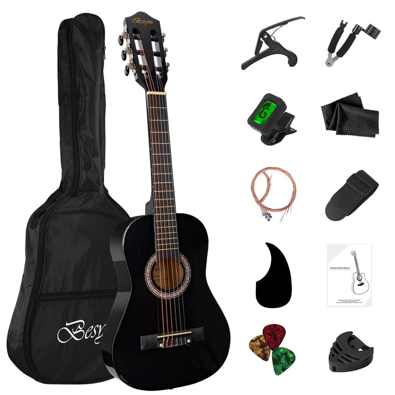 BESYOU 30 colos fekete akusztikus gitár kezdőknek - Gitártáskával, hevederrel, hangolóval, húrokkal és pengető készlettel