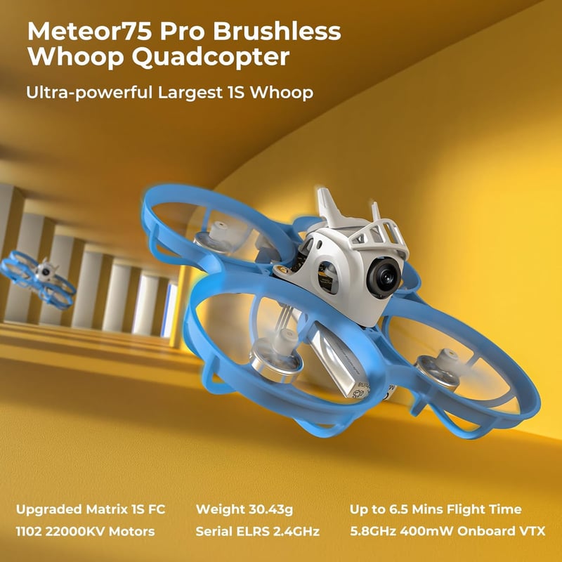 BETAFPV Meteor75 Pro Brushless Whoop Drón - 1S Quadcopter 22000kV Motorral, 6,5 Perc Repülési Idővel, FPV Kamerával, Beltéri-Kültéri Verseny - Meteor75 Pro ELRS (Matrix FC)