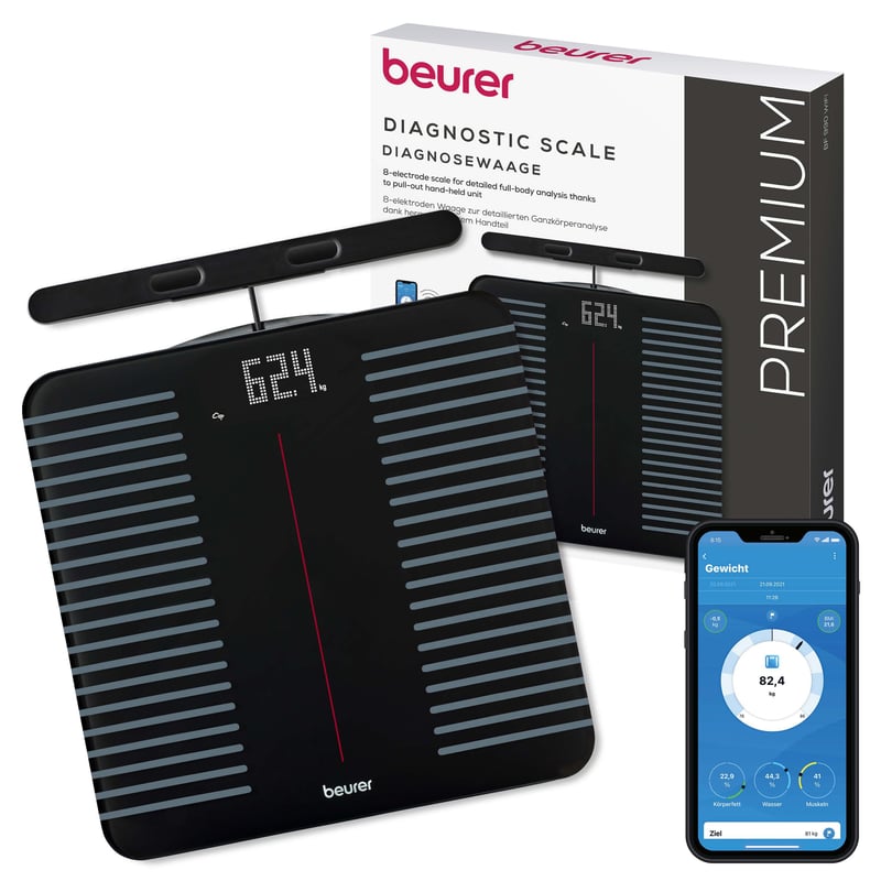 Beurer BF 990 Diagnostická váha s ručnými senzormi, WiFi/Bluetooth pripojenie k aplikácii, 25 nameraných hodnôt, 8 elektród, Apple Health, čierna/sivá, Ma
