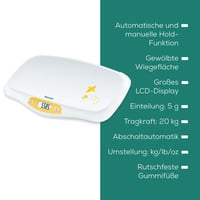Detská váha Beurer BY 80 so zaoblenou plochou, nosnosť 20 kg, funkcia tara a hold, presnosť 5 g, bielo-žltá 7