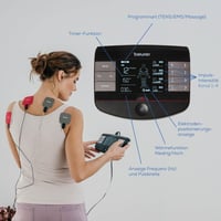Aparat digital TENS/EMS Beurer EM 89 cu funcție de încălzire, terapie 4 în 1 pentru durere, stimulare musculară, masaj și termoterapie, 4 canale, 8 electrozi, acumulator 5