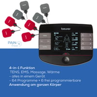 Aparat digital TENS/EMS Beurer EM 89 cu funcție de încălzire, terapie 4 în 1 pentru durere, stimulare musculară, masaj și termoterapie, 4 canale, 8 electrozi, acumulator 3
