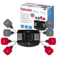Aparat digital TENS/EMS Beurer EM 89 cu funcție de încălzire, terapie 4 în 1 pentru durere, stimulare musculară, masaj și termoterapie, 4 canale, 8 electrozi, acumulator 1