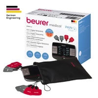 Aparat digital TENS/EMS Beurer EM 89 cu funcție de încălzire, terapie 4 în 1 pentru durere, stimulare musculară, masaj și termoterapie, 4 canale, 8 electrozi, acumulator 6