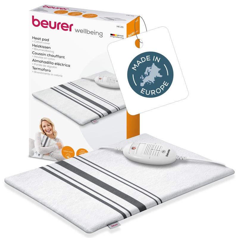 Pernă electrică încălzitoare Beurer HK 25, 3 trepte de temperatură, oprire automată, lavabilă în mașina de spălat, 40x30 cm, alb-gri