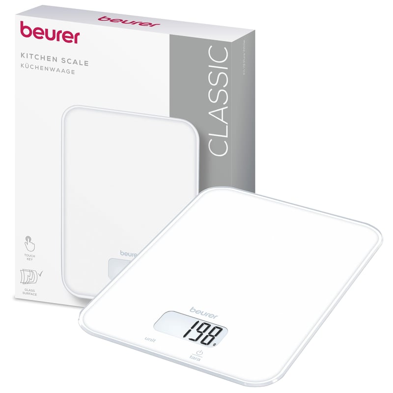 Digitálna kuchynská váha Beurer KS 19 Pure White, nosnosť 5 kg, presnosť 1 g, dotykové ovládanie, ultratenká, biela, vrátane batérií