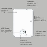 Digitálna kuchynská váha Beurer KS 19 Pure White, nosnosť 5 kg, presnosť 1 g, dotykové ovládanie, ultratenká, biela, vrátane batérií 6