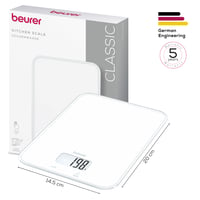 Digitálna kuchynská váha Beurer KS 19 Pure White, nosnosť 5 kg, presnosť 1 g, dotykové ovládanie, ultratenká, biela, vrátane batérií 7