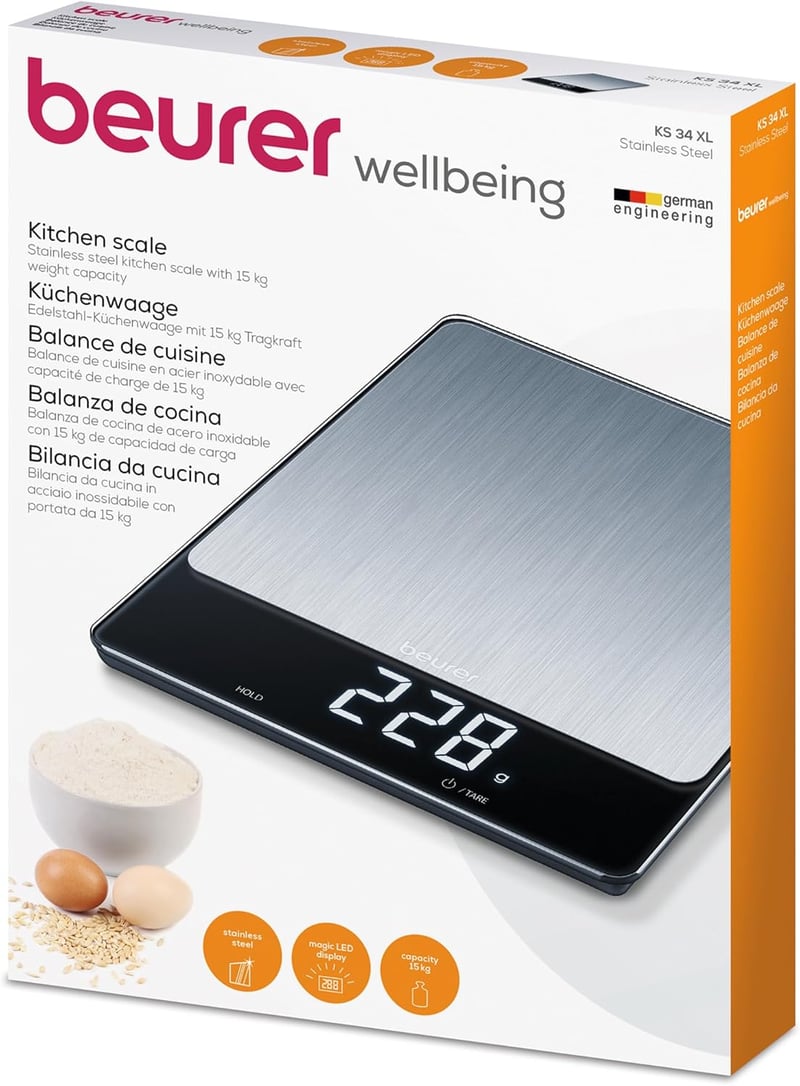 Beurer KS 34 XL rozsdamentes konyhai mérleg 15 kg-ig, tárázás és tartás funkcióval