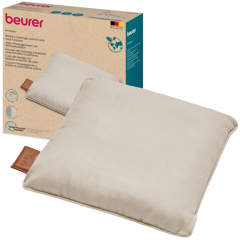 Akumulátorový masážny vankúš Beurer MG 139 s funkciou vyhrievania, bezdrôtová shiatsu masáž, prateľný v práčke, 40x40 cm, béžový