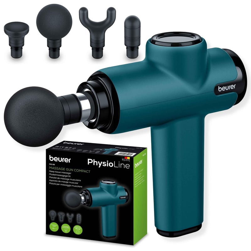 Pistol de masaj Beurer MG 99 cu 4 capete, 5 trepte de intensitate, relaxare musculară prin puncte trigger, aparat de masaj compact cu acumulator