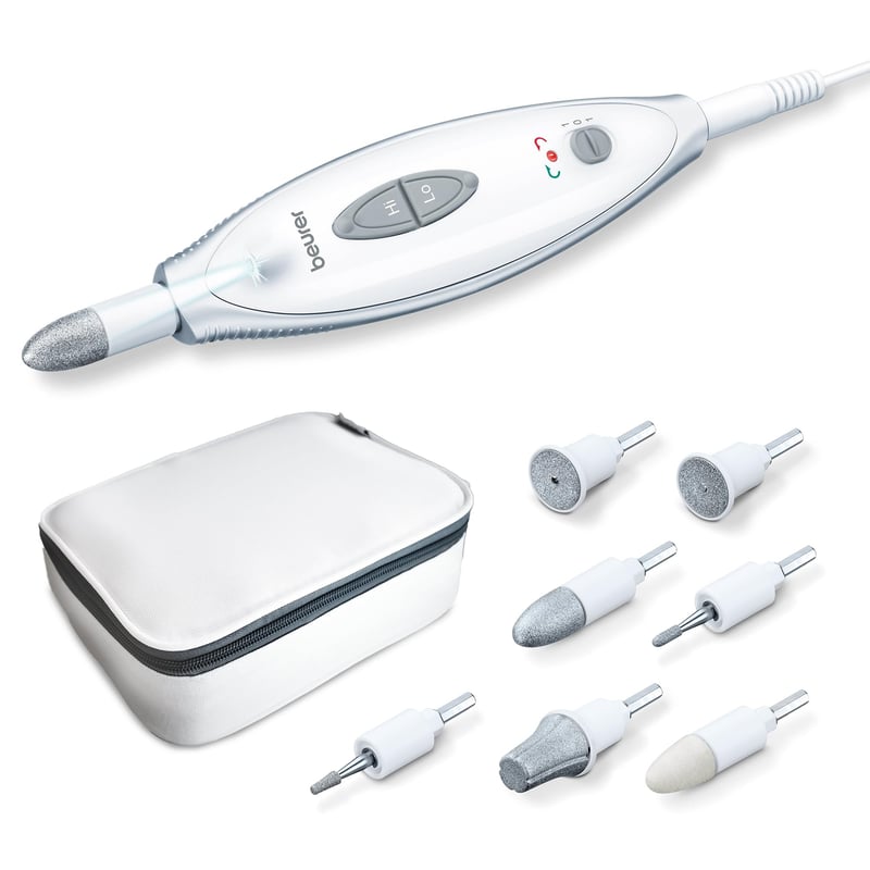 Set manichiură și pedichiură Beurer MP 41 – Pilă electrică pentru unghii cu 7 capete, lumină LED, cu geantă de depozitare, alb